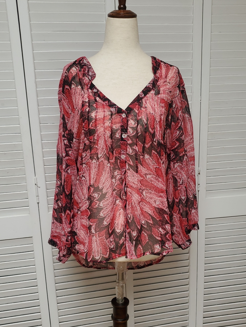 Antilia Femme For Anthropologie Rose and Black Floral Sheer Button Blouse